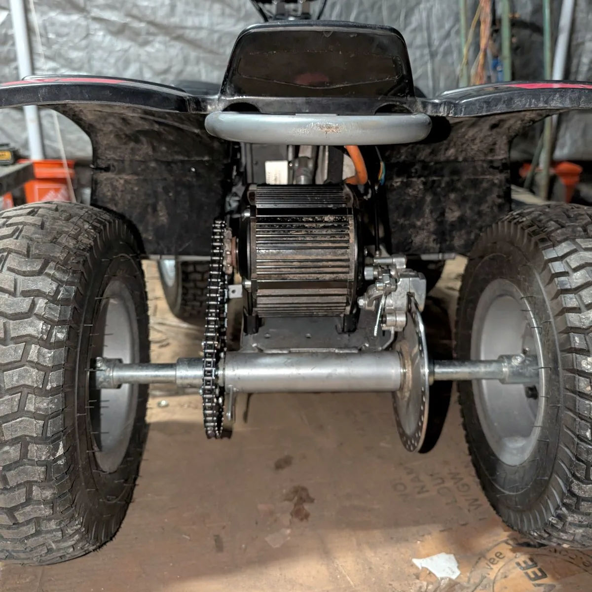 The rear of my 48 volt Razor four-wheeler: electric motor and chain drive.